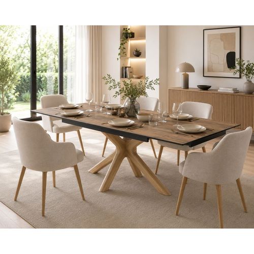 Table Extensible 180 À 260 Cm Céramique Effet Bois Pied Croisé Bois Clair - Texas 12