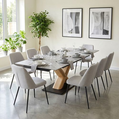Table Extensible 180 À 260 Cm Céramique Gris Laqué Pied Central X Plaqué Bois Clair - Dakota 13