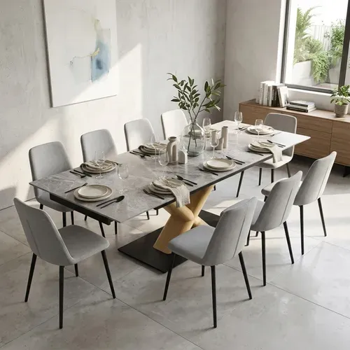 Table Extensible 160 À 240 Cm Céramique Gris Laqué Pied Central X Plaqué Bois Clair - Dakota 13