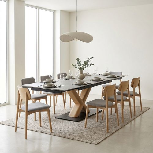 Table Extensible 180 À 260 Cm Céramique Gris Marbré Pied Central X Plaqué Bois Clair - Arizona 13