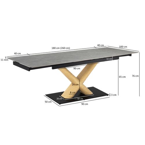Table Extensible 180 À 260 Cm Céramique Gris Marbré Pied Central X Plaqué Bois Clair - Arizona 13