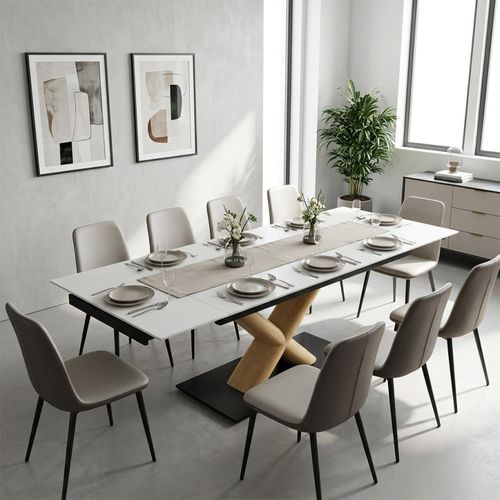 Table Extensible 180 À 260 Cm Céramique Blanc Pied Central X Plaqué Bois Clair - Oregon 13