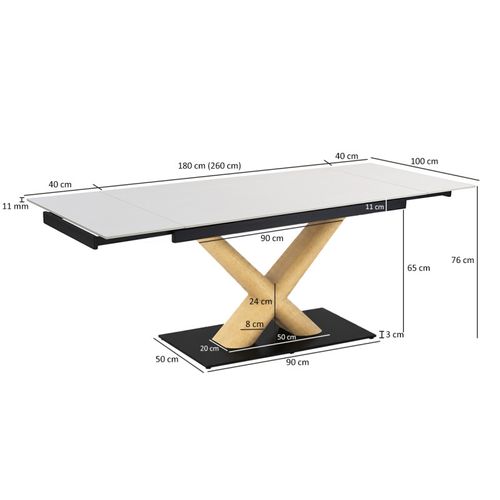 Table Extensible 180 À 260 Cm Céramique Blanc Pied Central X Plaqué Bois Clair - Oregon 13