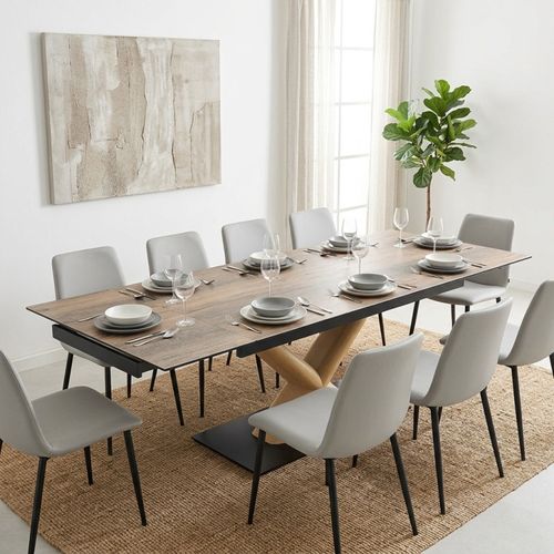 Table Extensible 180 À 260 Cm Céramique Effet Bois Pied Central X Plaqué Bois Clair - Texas 13