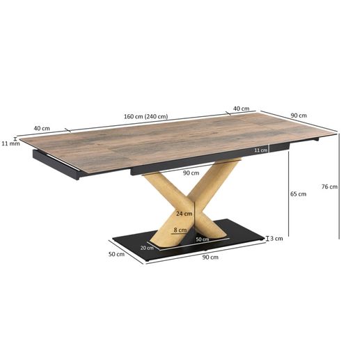 Table Extensible 160 À 240 Cm Céramique Effet Bois Pied Central X Plaqué Bois Clair - Texas 13