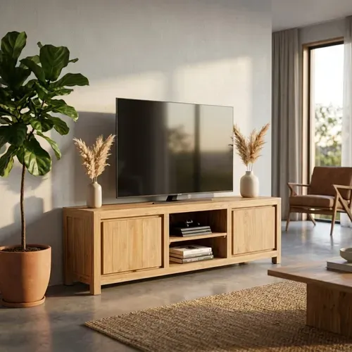 Meuble TV L. 160 Cm En Bois De Teck 2 Portes – Aphrodite