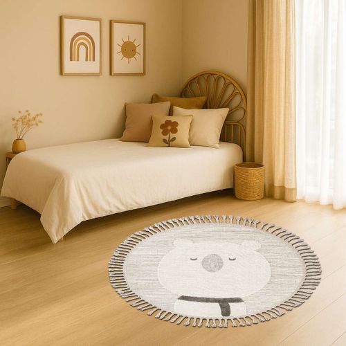 Tapis Rond Enfant Doux Texturé Ours Blanc 130x130