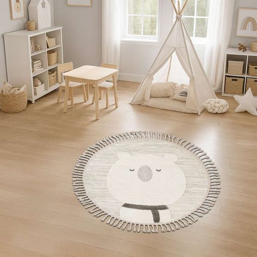 Tapis Rond Enfant Doux Texturé Ours Blanc 130x130