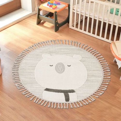 Tapis Rond Enfant Doux Texturé Ours Blanc 130x130