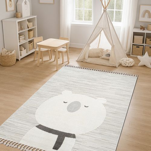 Tapis Rond Enfant Doux Texturé Ours Blanc 130x130