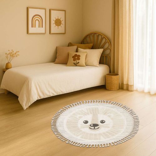 Tapis Rond Enfant Doux Texturé Lion Blanc 130x130