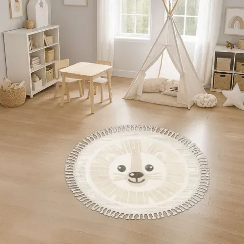 Tapis Rond Enfant Doux Texturé Lion Blanc 130x130
