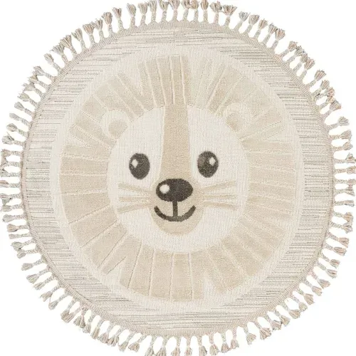 Tapis Rond Enfant Doux Texturé Lion Blanc 130x130