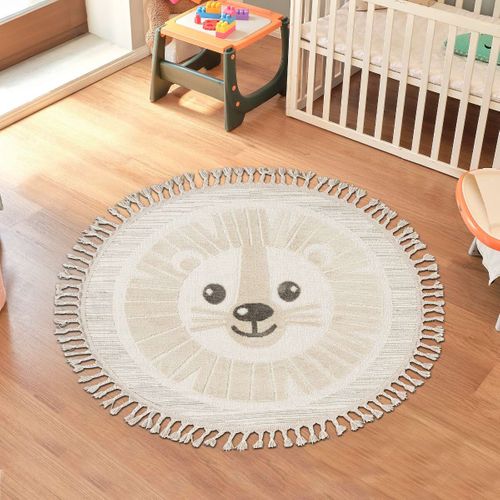 Tapis Rond Enfant Doux Texturé Lion Blanc 130x130