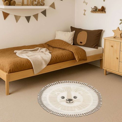 Tapis Rond Enfant Doux Texturé Lion Blanc 130x130
