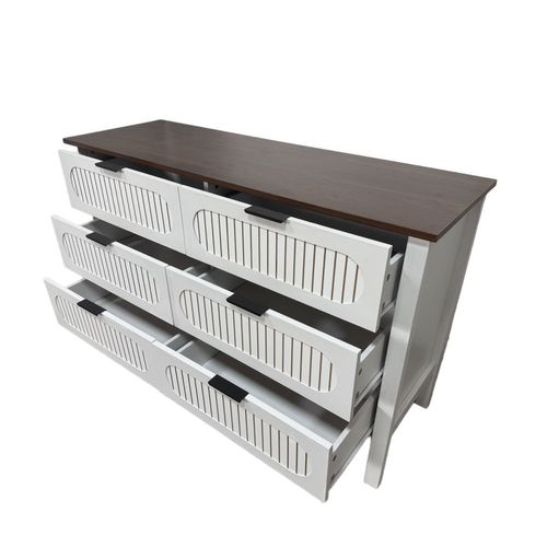 Brix - Commode 6 Tiroirs Blanc Rainuré Et Bois 120cm