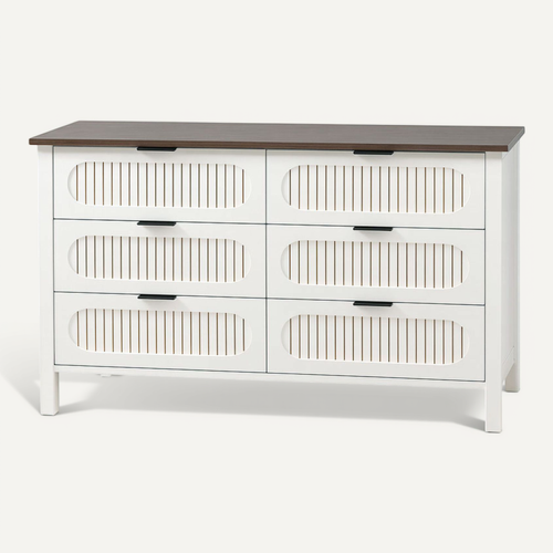 Brix - Commode 6 Tiroirs Blanc Rainuré Et Bois 120cm