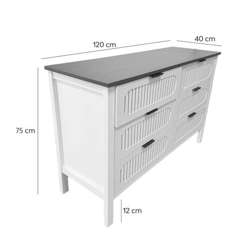 Brix - Commode 6 Tiroirs Blanc Rainuré Et Bois 120cm