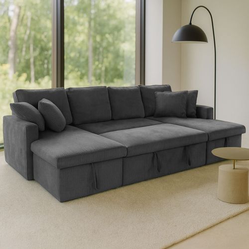 Mahé - Canapé Panoramique Convertible Avec Coffres 4 Places En Velours Côtelé Gris