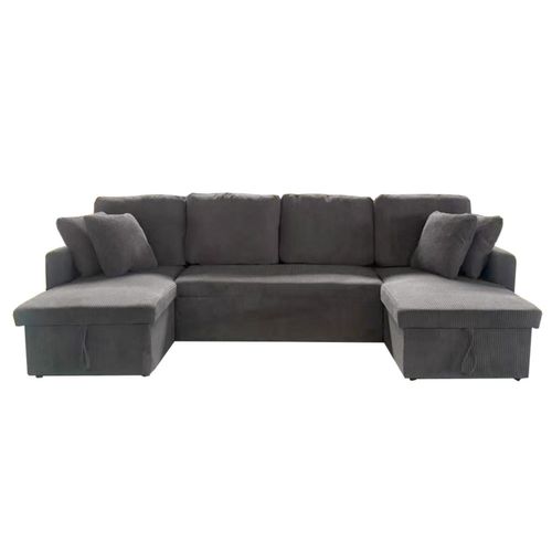 Mahé - Canapé Panoramique Convertible Avec Coffres 4 Places En Velours Côtelé Gris
