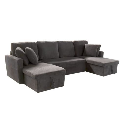 Mahé - Canapé Panoramique Convertible Avec Coffres 4 Places En Velours Côtelé Gris