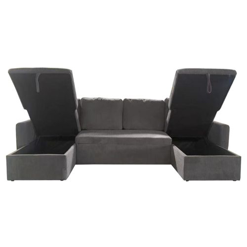 Mahé - Canapé Panoramique Convertible Avec Coffres 4 Places En Velours Côtelé Gris