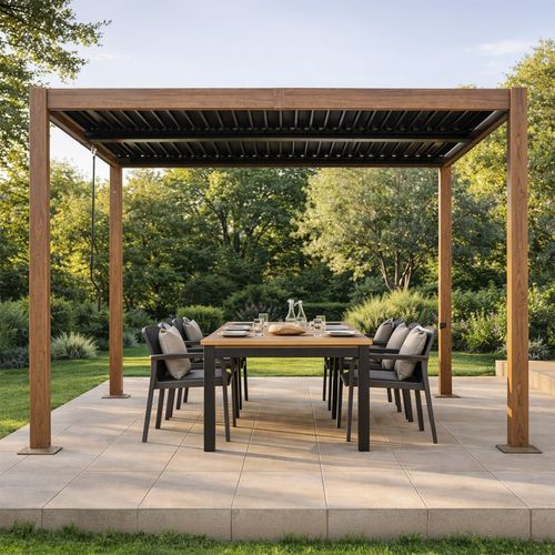Rhodes - Pergola Bioclimatique 3x3m Effet Bois Structure Et Lames Orientables En Aluminium