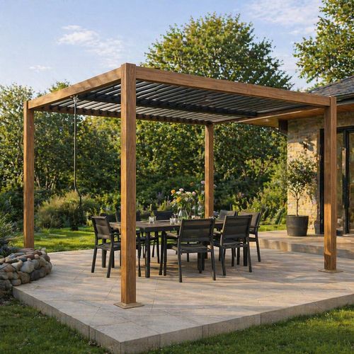Rhodes - Pergola Bioclimatique 3x3m Effet Bois Structure Et Lames Orientables En Aluminium