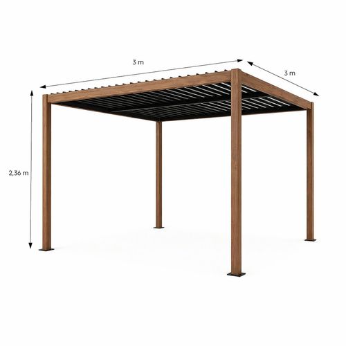 Rhodes - Pergola Bioclimatique 3x3m Effet Bois Structure Et Lames Orientables En Aluminium