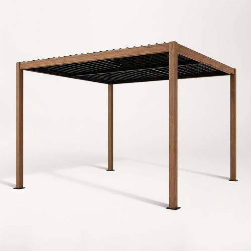 Rhodes - Pergola Bioclimatique 3x3m Effet Bois Structure Et Lames Orientables En Aluminium
