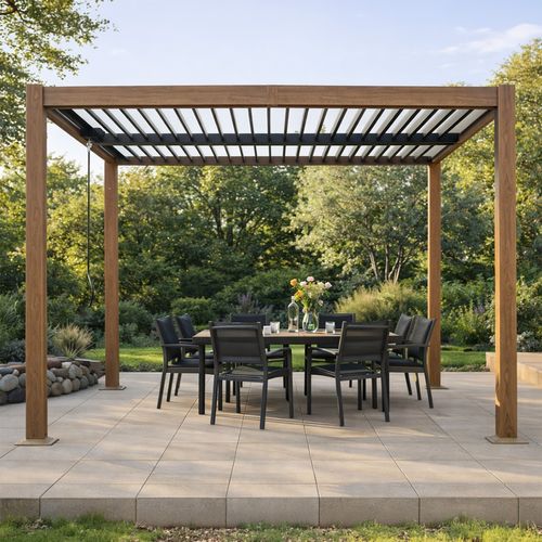 Rhodes - Pergola Bioclimatique 3x3m Effet Bois Structure Et Lames Orientables En Aluminium