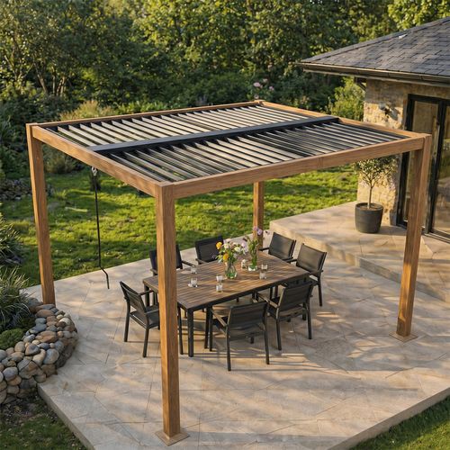 Rhodes - Pergola Bioclimatique 3x3m Effet Bois Structure Et Lames Orientables En Aluminium
