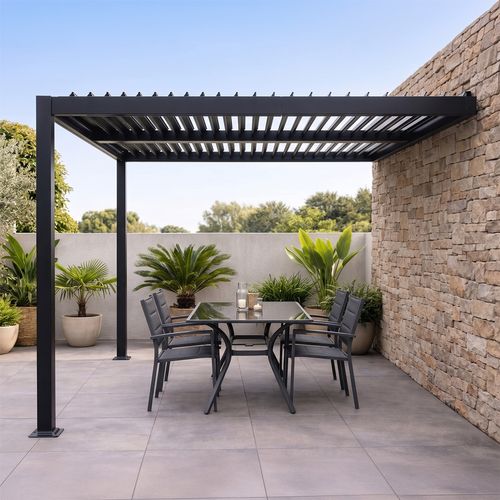 Sifnos - Pergola Bioclimatique 3x3m Adossée En Aluminium Noir