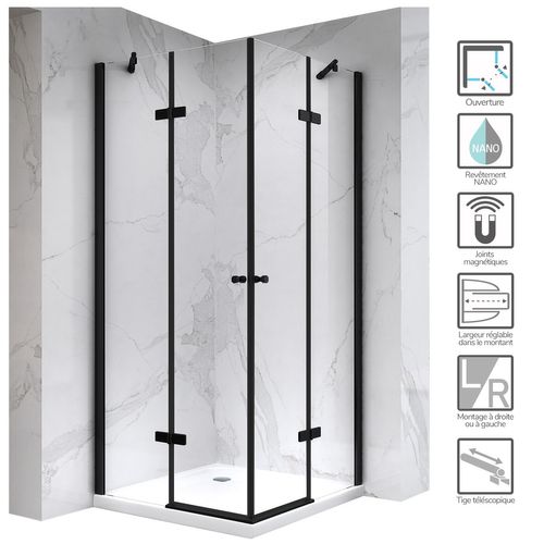 Cabine De Douche H190 75x90cm Verre Transparent Profilés Noir Maya-black (sans Receveur)