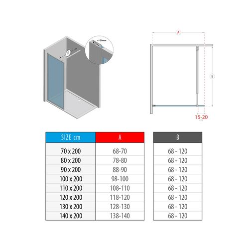Paroi Douche Italienne Lucia 140x200 Cm Verre 8mm, Transparent, Anticalcaire