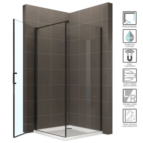 Cabine De Douche 100x100 Cm + Receveur Helena-black H.190 Porte Battante Verre 6 Mm Transparent