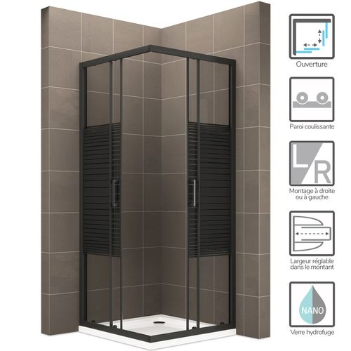 Cabine De Douche 75x75 Cm H.180 Verre Sérigraphié Ligne Noire 6mm, Portes Coulissantes Boha-line