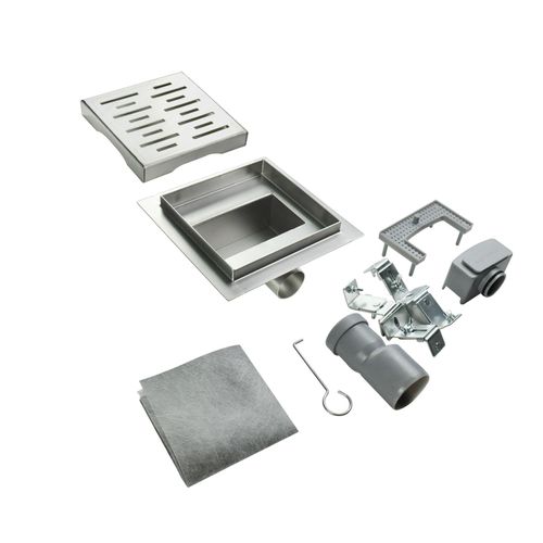 Caniveau Douche Carré Motif Strié 20 X 20 Cm Anti-odeurs, Débit 36l/min, Haut. Réglable -fizeo