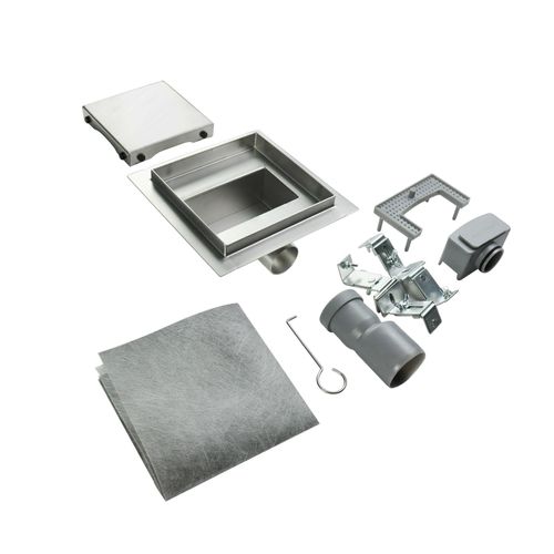 Caniveau Douche Carré Inox 12 X 12 Cm Siphon Anti-odeurs, Débit 36l/min, Haut. Réglable -cara