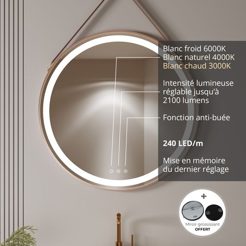 Miroir LED Lumineux Rond Cuivre D.80 Cm (2100 Lms) Antibuée + Intensité Et Couleur Réglables - Como