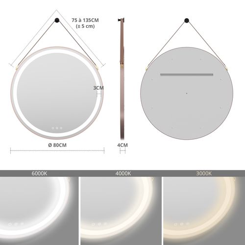 Miroir LED Lumineux Rond Cuivre D.80 Cm (2100 Lms) Antibuée + Intensité Et Couleur Réglables - Como