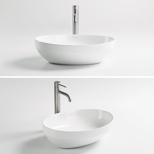 Vasque à Poser Ovale 50x36cm En Céramique Blanc Brillant + Bonde Pop-up Collection Opera
