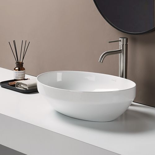 Vasque à Poser Ovale 50x36cm En Céramique Blanc Brillant + Bonde Pop-up Collection Opera