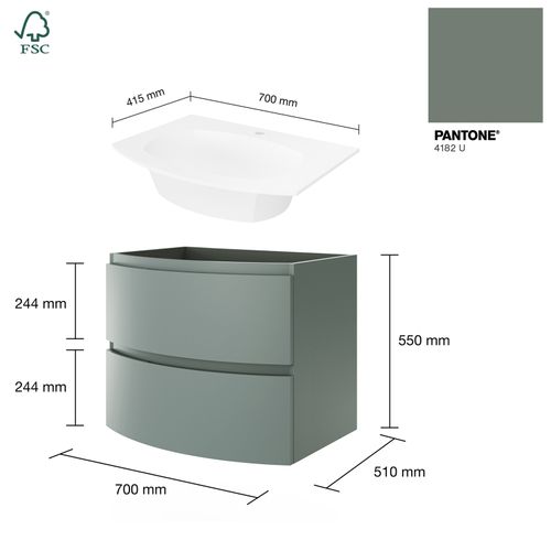 Meuble + Vasque Encastrée L.70 Cm Vert Sauge Collection Armonia - Saniverre