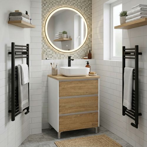 Meuble Vasque à Poser L.60cm Sur Pied Blanc Laqué 3 Tiroirs Chêne Naturel Lisbona - Sans Colonne