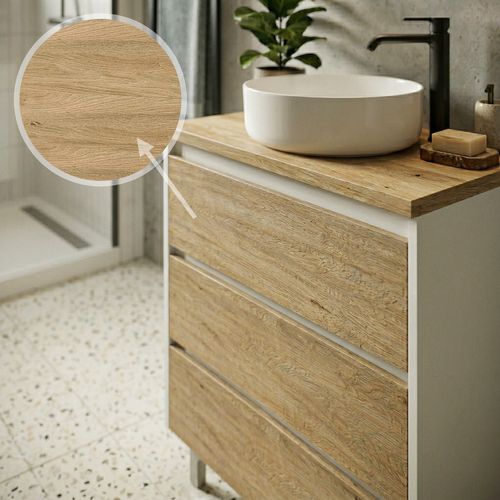 Meuble Vasque à Poser L.60cm Sur Pied Blanc Laqué 3 Tiroirs Chêne Naturel Lisbona - Sans Colonne