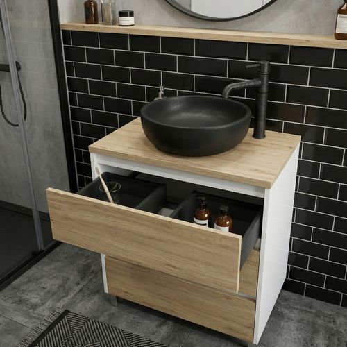 Meuble Vasque à Poser L.60cm Sur Pied Blanc Laqué 3 Tiroirs Chêne Naturel Lisbona - Sans Colonne