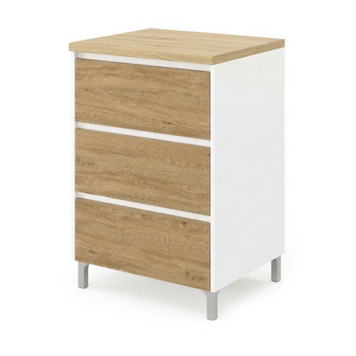 Meuble Vasque à Poser L.60cm Sur Pied Blanc Laqué 3 Tiroirs Chêne Naturel Lisbona - Sans Colonne