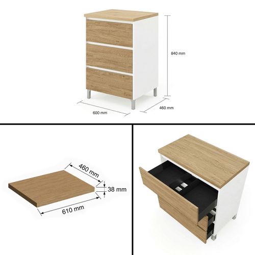 Meuble Vasque à Poser L.60cm Sur Pied Blanc Laqué 3 Tiroirs Chêne Naturel Lisbona - Sans Colonne