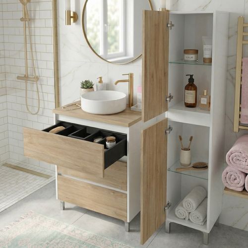 Meuble Vasque à Poser L.60cm Sur Pied Blanc Laqué 3 Tiroirs Chêne Naturel Lisbona - Sans Colonne